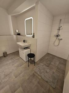 a bathroom with a sink and a mirror at Stilvoll-möbliertes Apartment in Harsefeld