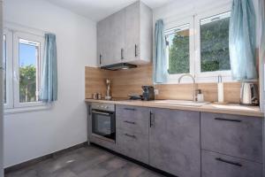 a kitchen with stainless steel appliances and windows at Villa Spirida at Drakopoulata in Ayia Evfimia