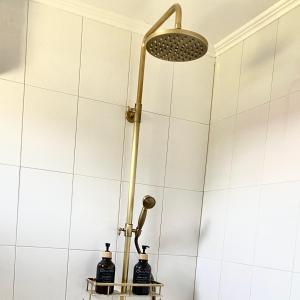 una doccia con soffione in un bagno di Blue Cottage a Şpring Altre 17 foto