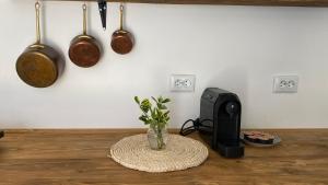 a room with a table with a coffee maker and pots and pans at Blue Cottage in Şpring