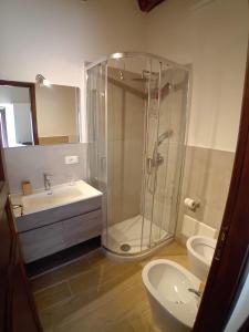 a bathroom with a shower and a sink and a toilet at La Casetta del Vento in Montalbano Elicona +32 photos