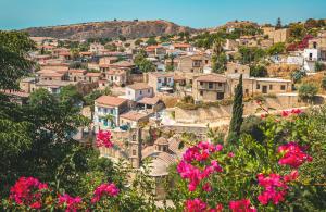 a village on a hill with pink flowers at Cyprus Villages Hotel & Restaurant - Central Location - Bed & Breakfast - With Access To Pool And Stunning Views in Tochni