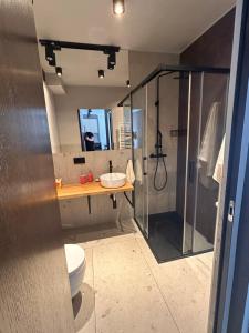 ein Badezimmer mit Dusche, Toilette und Waschbecken in der Unterkunft Apartament Katowice Tysiąclecie in Kattowitz