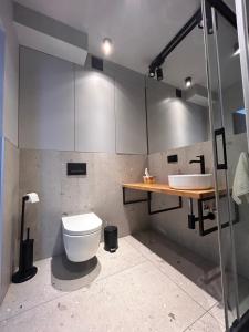 ein Badezimmer mit Toilette und Waschbecken in der Unterkunft Apartament Katowice Tysiąclecie in Kattowitz + 3 Fotos