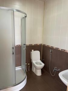 a bathroom with a toilet and a shower and a sink at Kvartira in Quba