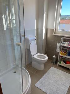 a bathroom with a toilet and a glass shower at Apartment Bumbar Sunset in Rogoznica +21 photos