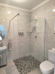 a bathroom with a shower with a toilet and a sink at Mabalel Lodge in Nelspruit +15 photos