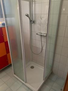 a shower with a glass door in a bathroom at Ferienwohnung Familie Kampl in Frauenstein