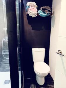 a small bathroom with a toilet and a shower at Apartamar in Suances