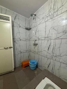a bathroom with a toilet and a marble wall at Dream Ashoka Homestay in Ujjain