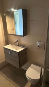 a bathroom with a sink and a toilet and a mirror at Apartment Greek Mansion in Nea Moudania