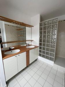 a bathroom with two sinks and a mirror at Maison familiale domaine val Léose in Grand-Fougeray
