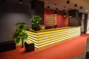a restaurant with a counter with plants in a room at Hotel Evropa in Ulcinj