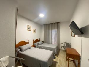a hotel room with two beds and a television at Hotel Mu&ntilde;oz in Motril