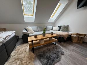 a living room with a couch and a table at Apartmány Rak Jestřábí in Černá v Pošumaví