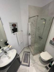 a bathroom with a shower and a toilet and a sink at Kali lux duplex in Kallithea Halkidikis