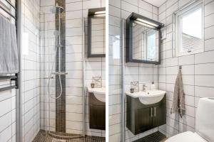 two pictures of a bathroom with a shower and a sink at Trevlig villa, centralt i Visby in Visby +8 photos