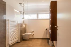 a bathroom with a toilet and a window at Zweienhaus 02 in Wieck +14 photos