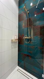 une douche avec une porte vitrée dans une salle de bain dans l'établissement Apartament Barska Park, à Przemyśl