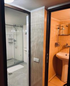 a bathroom with a shower and a glass door at Tbilisi Tower Apartment in Tbilisi City