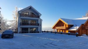 斯塔利斯莫克维克Suterénový Apartmán Starý Smokovec的雪中的房子,前面有车