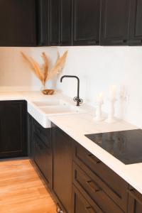 - une cuisine avec des placards noirs et un évier dans l'établissement Magnifique Appartement de 3 chambres + Parking, à Grasse 15 autres photos