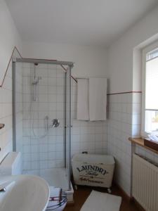 ein Bad mit einer Dusche, einem WC und einem Waschbecken in der Unterkunft Haus Grete in Langenargen