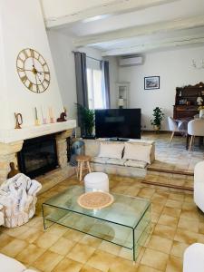 ein Wohnzimmer mit Couch und Kamin in der Unterkunft Magnifique Villa typique du Sud avec Piscine privée et jardin méditerranéen in Saint-Vincent-de-Barbeyrargues