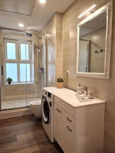 Un baño con lavabo y lavadora. en Apartman Golf, en Zagreb