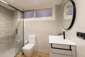 Un baño con inodoro, lavabo y espejo. en Apartamento Cánovas Vigo Center, en Vigo