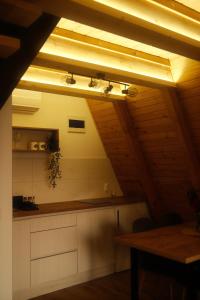 a kitchen with a table and a ceiling with lights at Homoljski Vidikovac in Ždrelo +54 photos