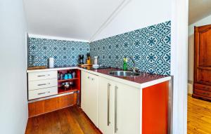 a kitchen with a sink and blue and white wallpaper at Gorgeous Apartment In Fazana With Wifi in Fažana