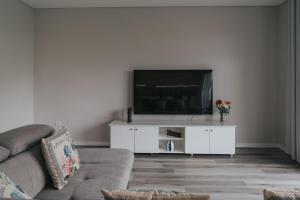 un salon avec un canapé et une télévision à écran plat dans l'établissement Paradise views - Pereira House, à Arco da Calheta