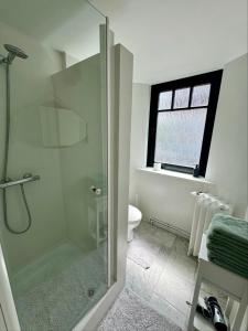 a bathroom with a shower with a toilet and a window at Ruime slaapkamers met badkamers in Belle Epoquevilla- concessiewijk De Haan in De Haan