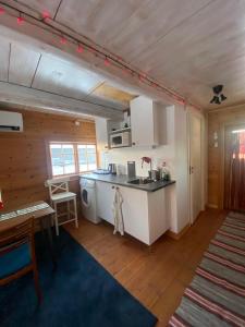 a kitchen with a counter and a sink in a room at Cabin in the coast of Sweden in Hudiksvall