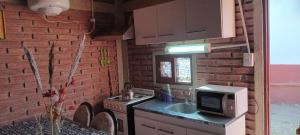 a kitchen with a microwave and a sink and a brick wall at Apartamentos Agosto in Nueva Galia