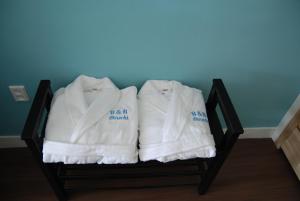 zwei weiße Handtücher auf einem Stuhl in einem Zimmer in der Unterkunft Bed & Breakfast Obrechtstraat in Den Haag