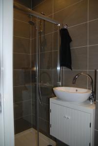 a bathroom with a sink and a glass shower at Bed & Breakfast Obrechtstraat in The Hague