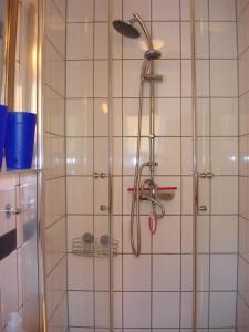 een douche met een douchekop in een badkamer bij Mosel Ferienhaus Kleine Merle in Zell an der Mosel +28 foto's