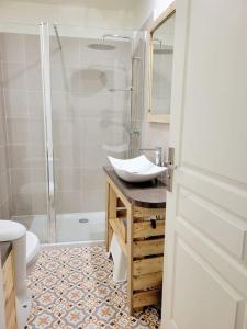 a bathroom with a sink and a shower and a toilet at Charmante maison totalement rénovée in Saint-Géron