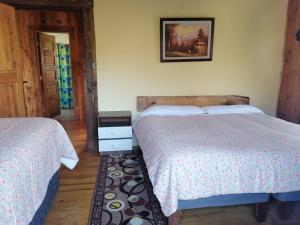 a bedroom with two beds and a picture on the wall at Cabañas Jatrima in Liquiñe