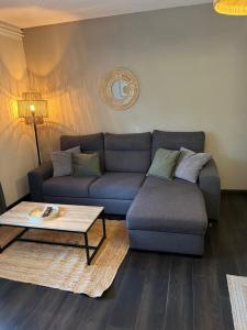 a living room with a couch and a coffee table at Appartement 4 pers avec jardin & parking-calme-proche Clermont in Royat