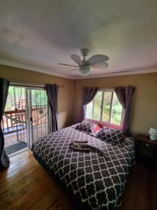 una camera con letto, ventilatore a soffitto e finestre di Roatan Backpackers' Hostel a Sandy Bay