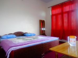 a bedroom with a bed and a red curtain at Snow View Guest House Kausani & homestay in Kausani