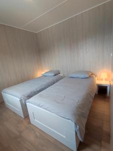a bedroom with two beds and a table with a lamp at Maison 3 pièces, climatisé, calme, "Le chalet" in Carlux