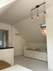 een kamer met een bed op zolder met verlichting bij Dorothy 2 in Siófok +48 foto's