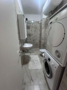 a bathroom with a sink and a washing machine at Pegasus luxury 1 in Tirana +14 photos