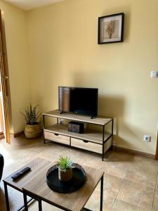 a living room with a tv and a coffee table at La Casa Grande de Cabrales II in Canales