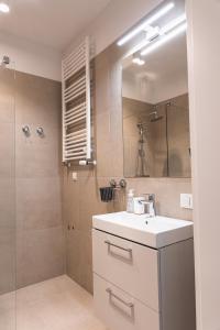 ein Badezimmer mit Waschbecken und Dusche mit Spiegel in der Unterkunft Apartament Latte z Sauną i Siłownią - Jezioro Żywieckie, Laguna Beskidów in Zarzecze