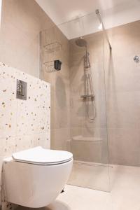 ein Badezimmer mit Toilette und Dusche in der Unterkunft Apartament Latte z Sauną i Siłownią - Jezioro Żywieckie, Laguna Beskidów in Zarzecze + 28 Fotos